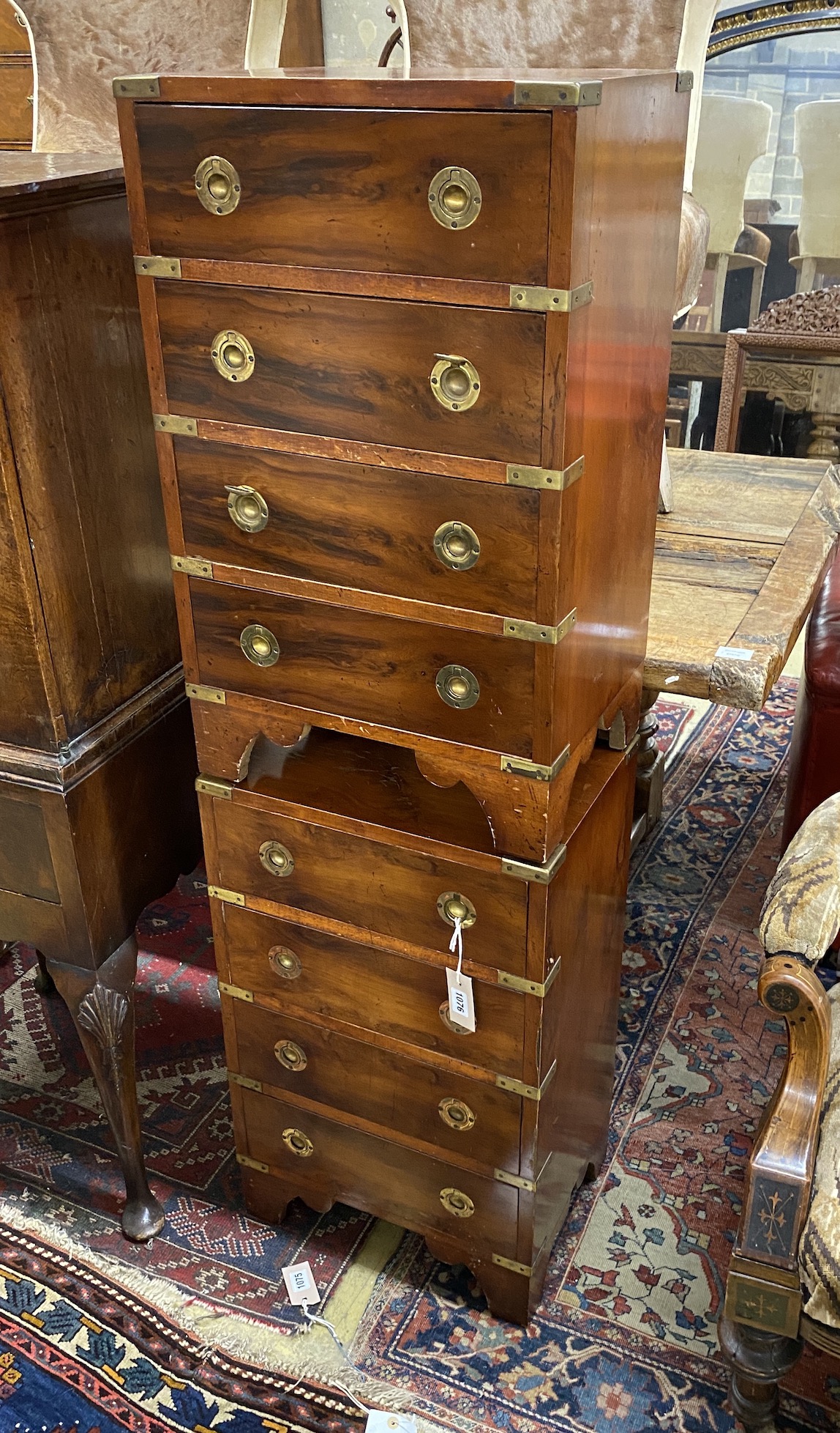 A pair of reproduction military style brass mounted yew bedside chests, width 42cm, depth 31cm, height 70cm